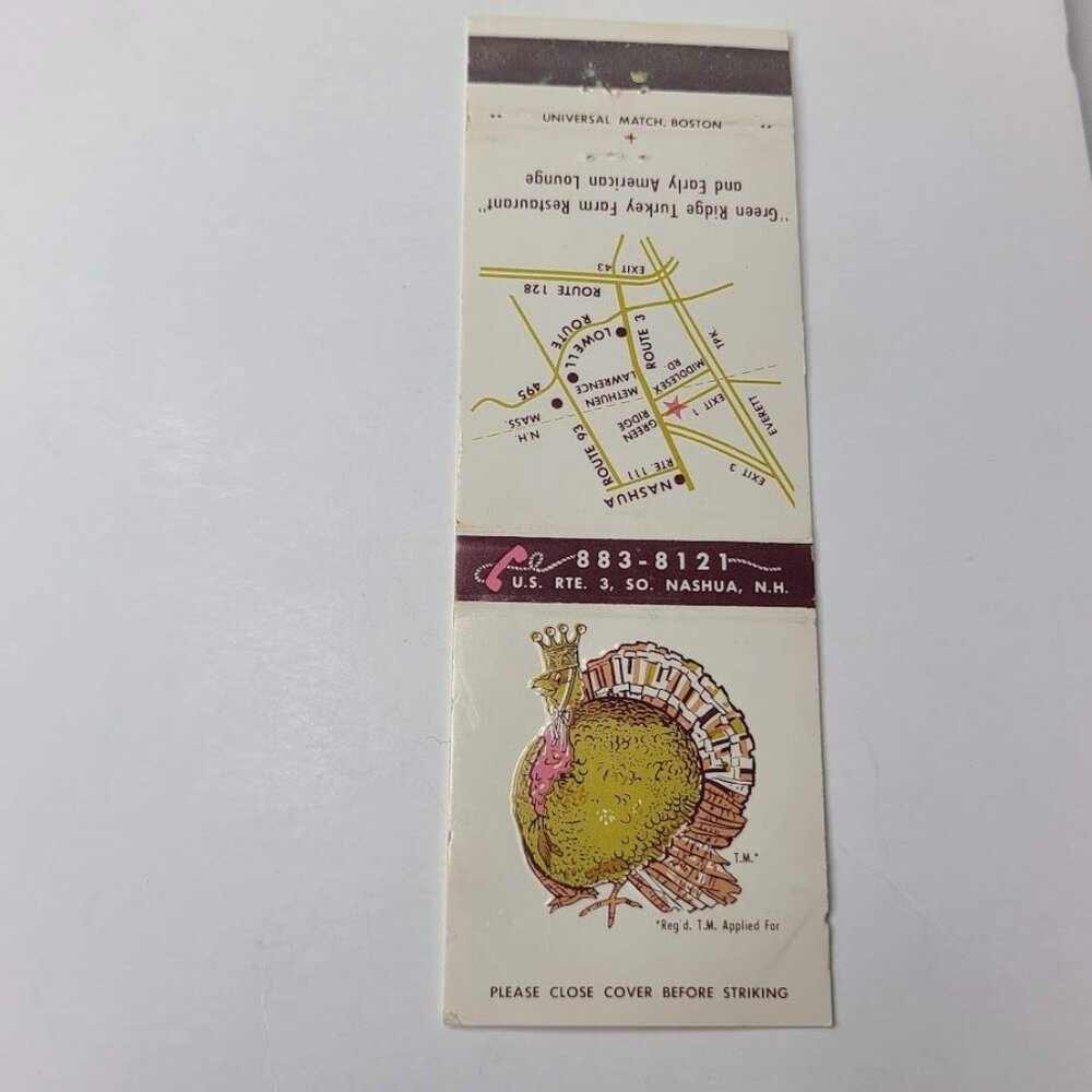 Front Strike Matchbook Cover Green Ridge Turkey Farm Restaurant Lounge Nashua NH - Picture 4 of 5